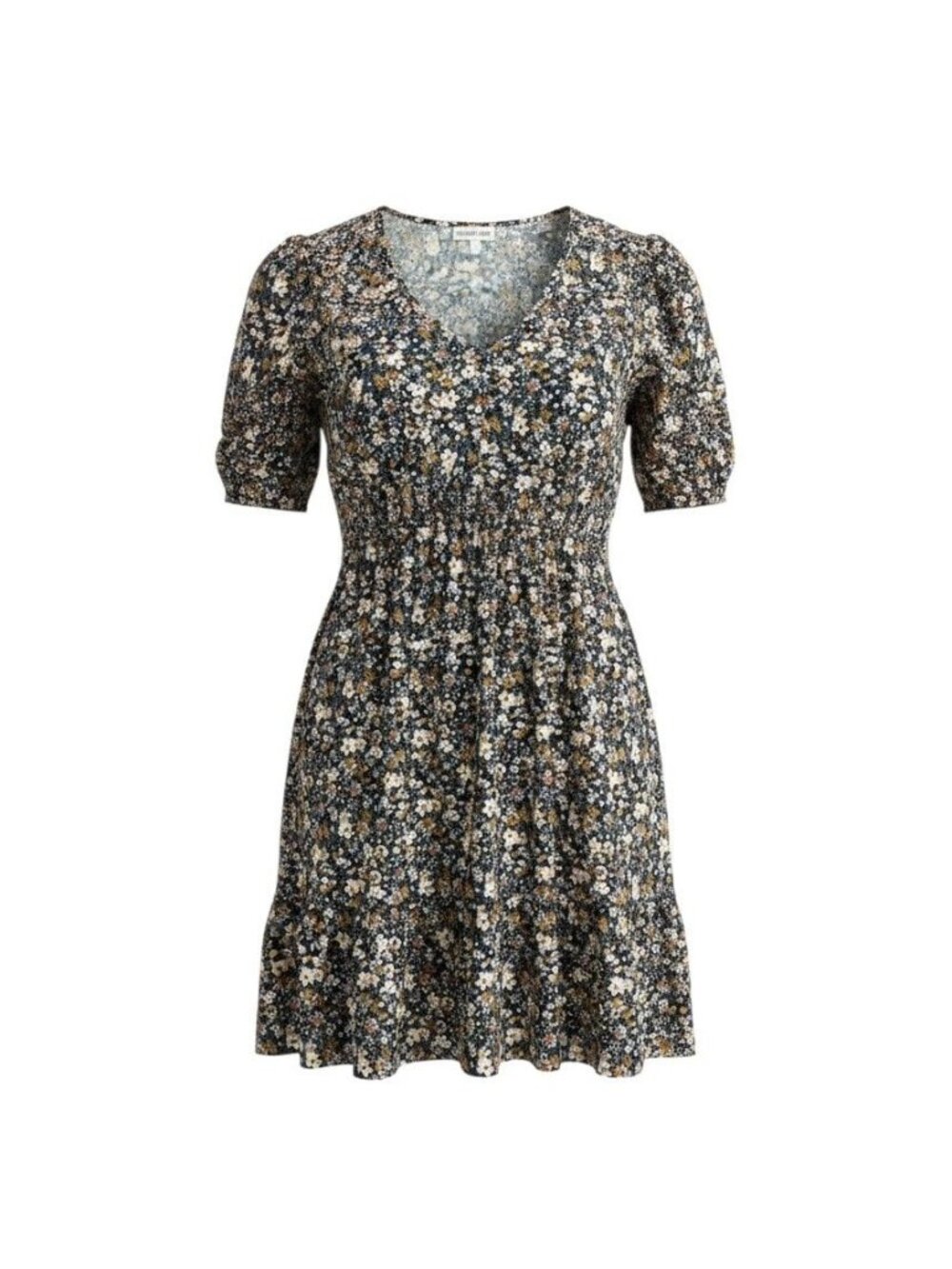 Luxology Black Floral Print Short Sleeve Smocked Waist Dress Womens Size L